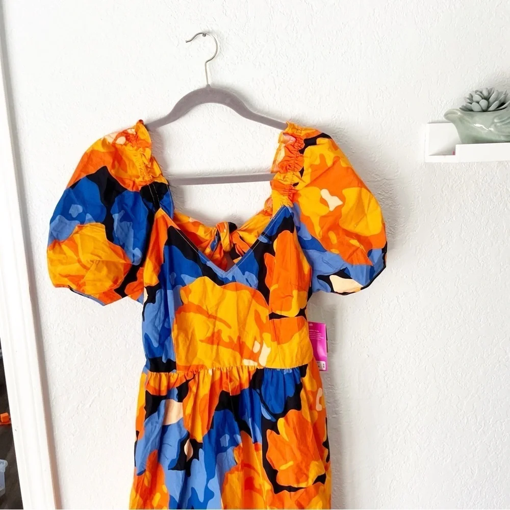 Tabitha Brown Dress Women's 14 Orange Blue Floral Back Cut Out Midi NWT - Picture 2 of 10
